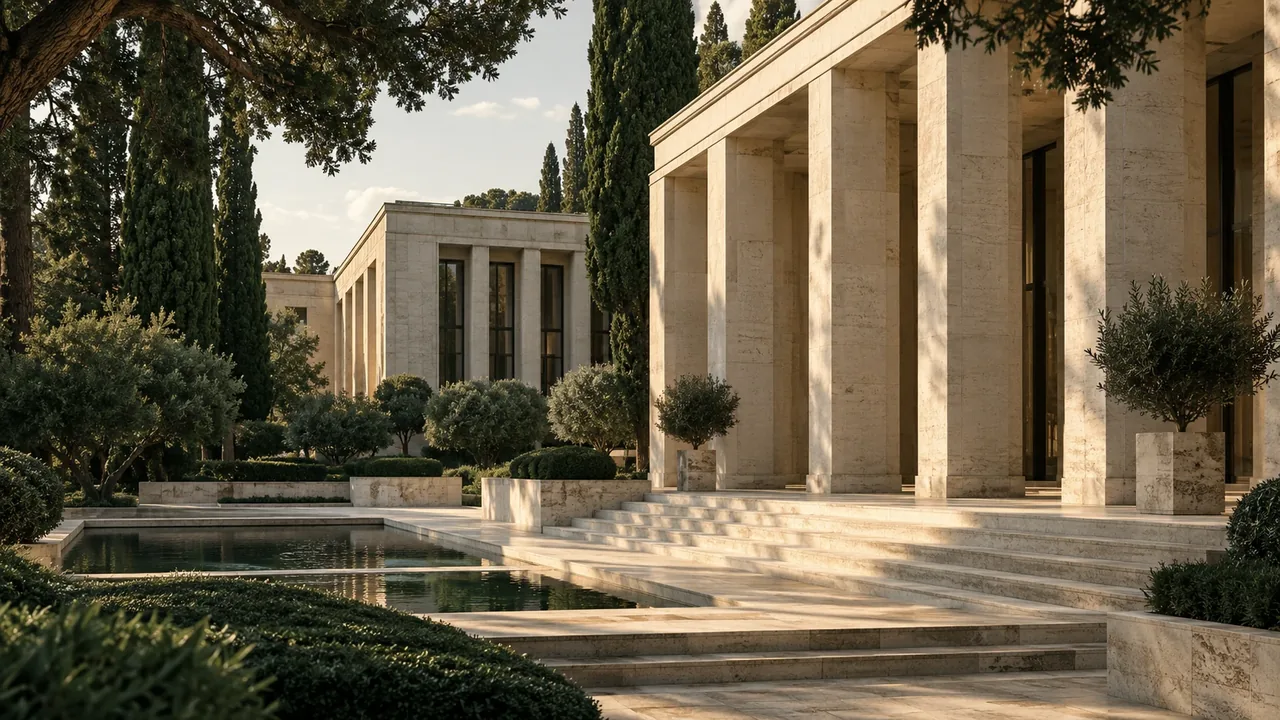 Conceptual limestone colonnade framed by evergreen trees